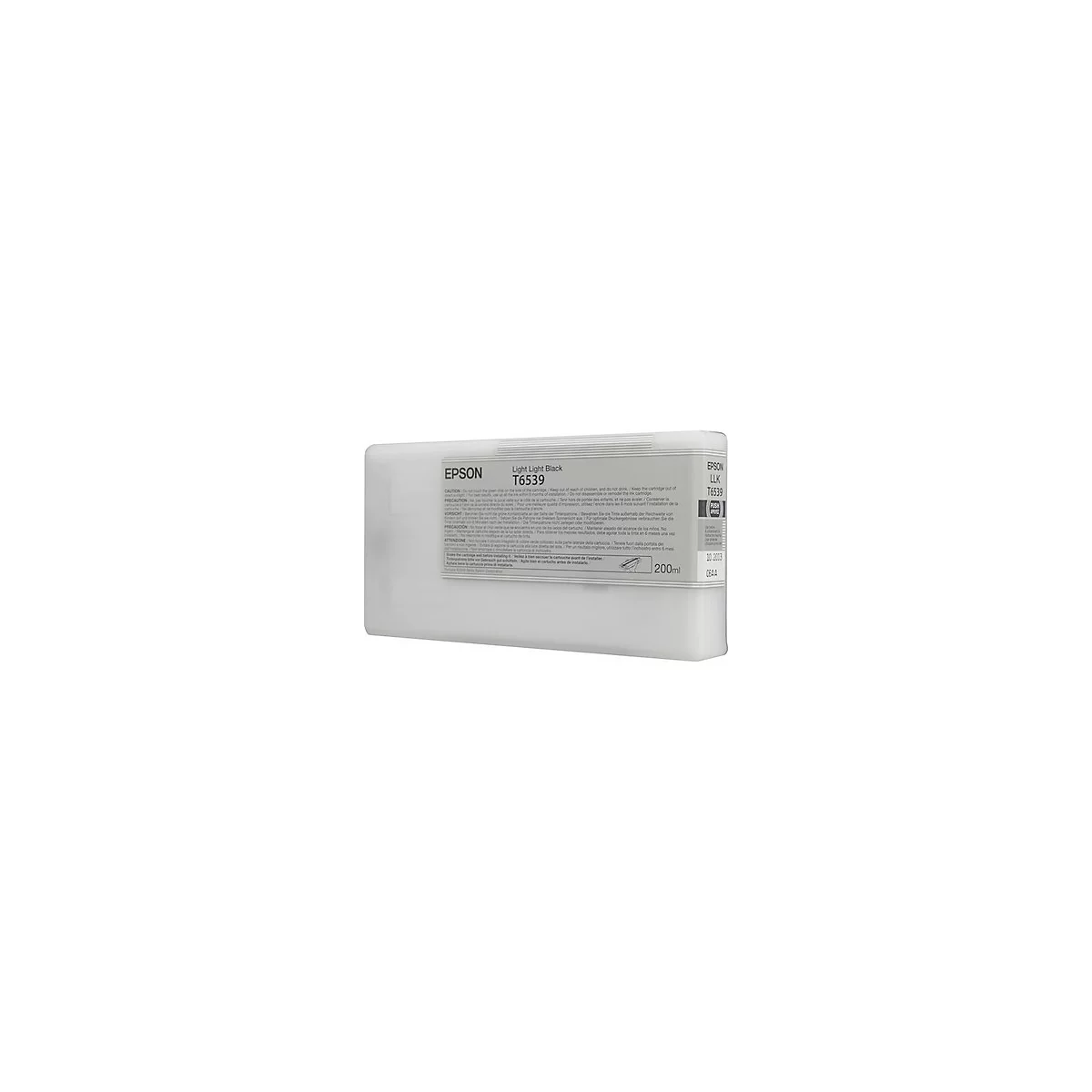 Epson T6539 Light Light Black Tintenpatrone. Weißer Kunststoffbehälter mit schwarzer Beschriftung.