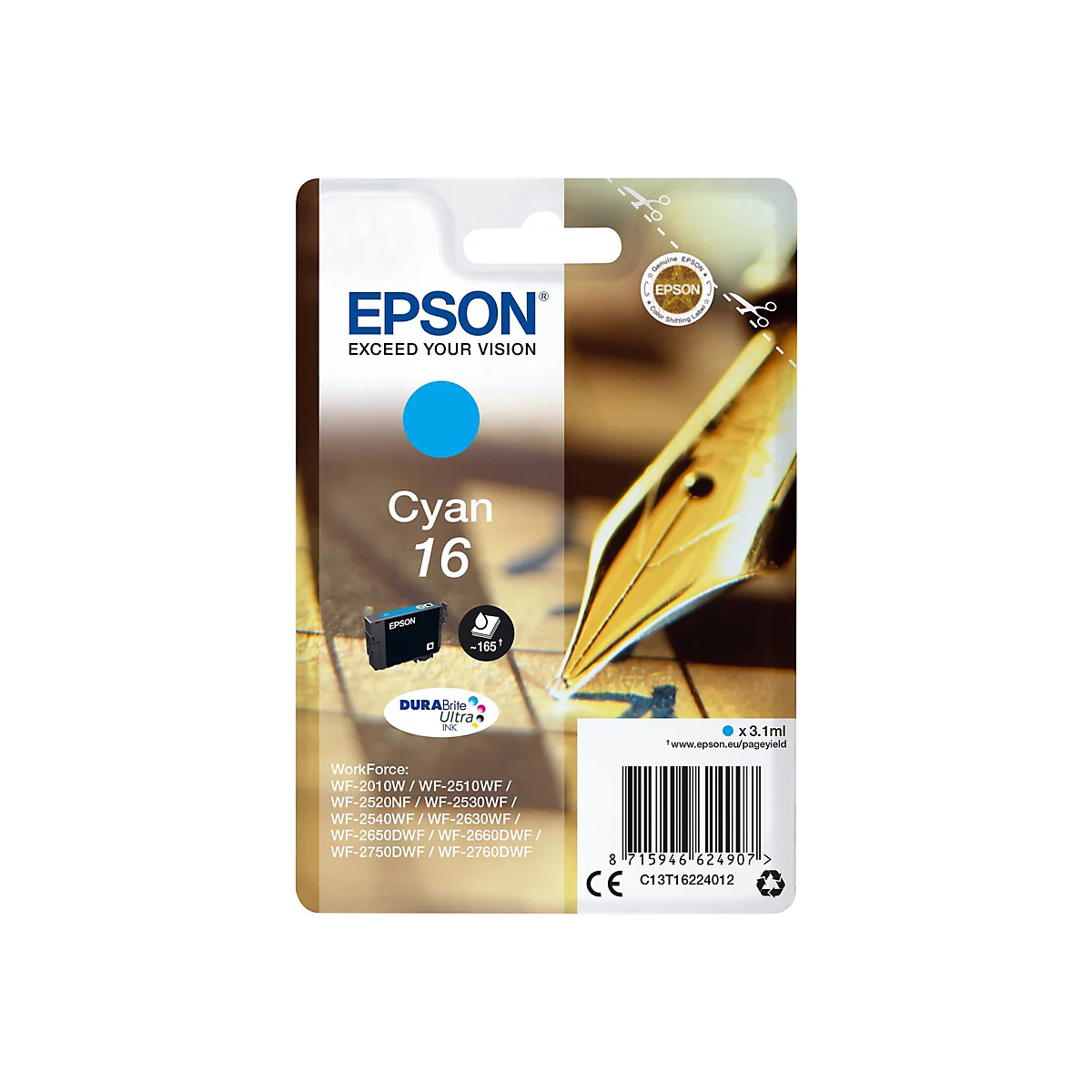 Verpackung einer Epson Tintenpatrone, Cyan 16. Auf der Verpackung befinden sich ein blauer Kreis, das Epson-Logo und Informationen zur Reichweite.