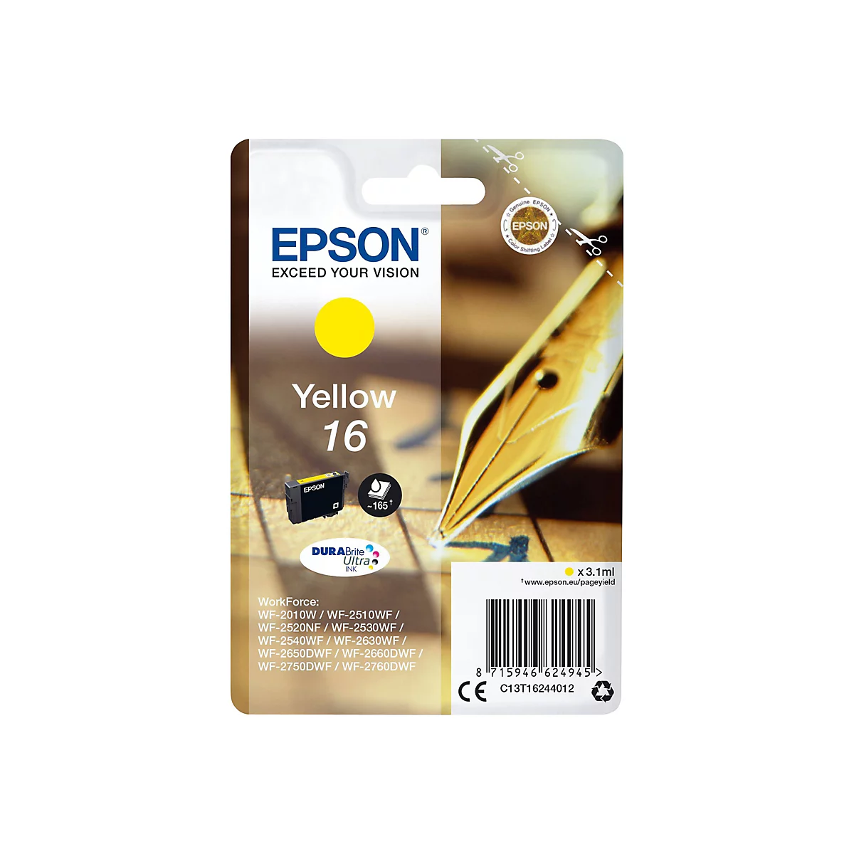 Gelbe Epson Tintenpatrone, Packung mit Stiftfederskizze. Aufgedruckter Text: Yellow 16, Epson, DuraBrite Ultra Ink.