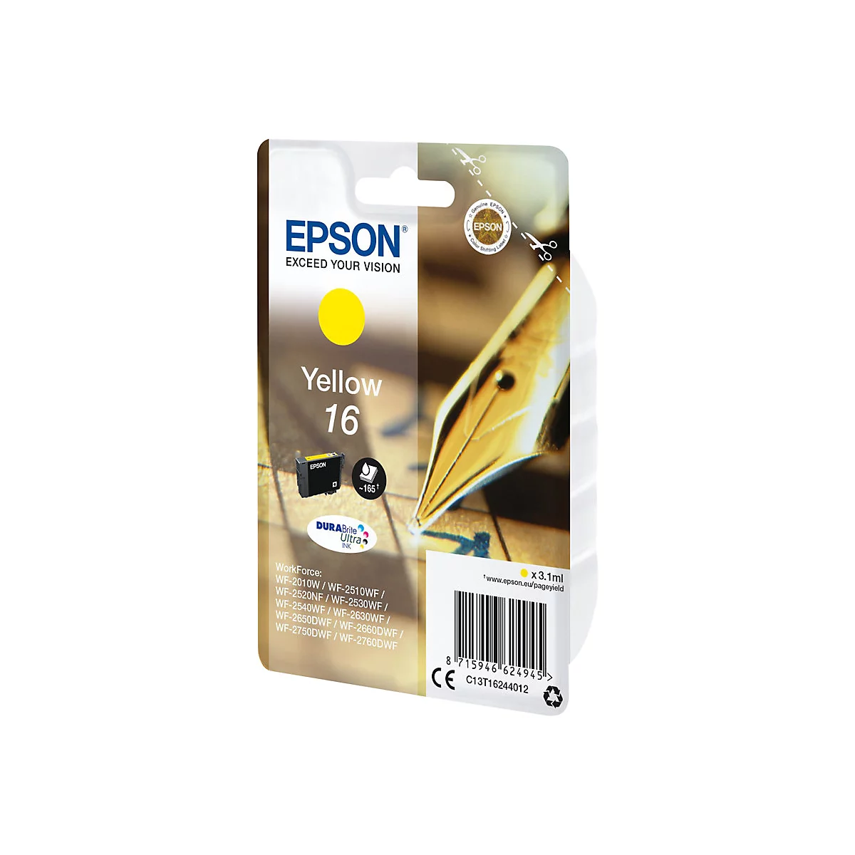 Gelbe Epson Tintenpatrone, Packung mit gelber Tinte Nr. 16, aufgedruckte Logos, Barcode und Tintenpatronen-Modellbezeichnungen.