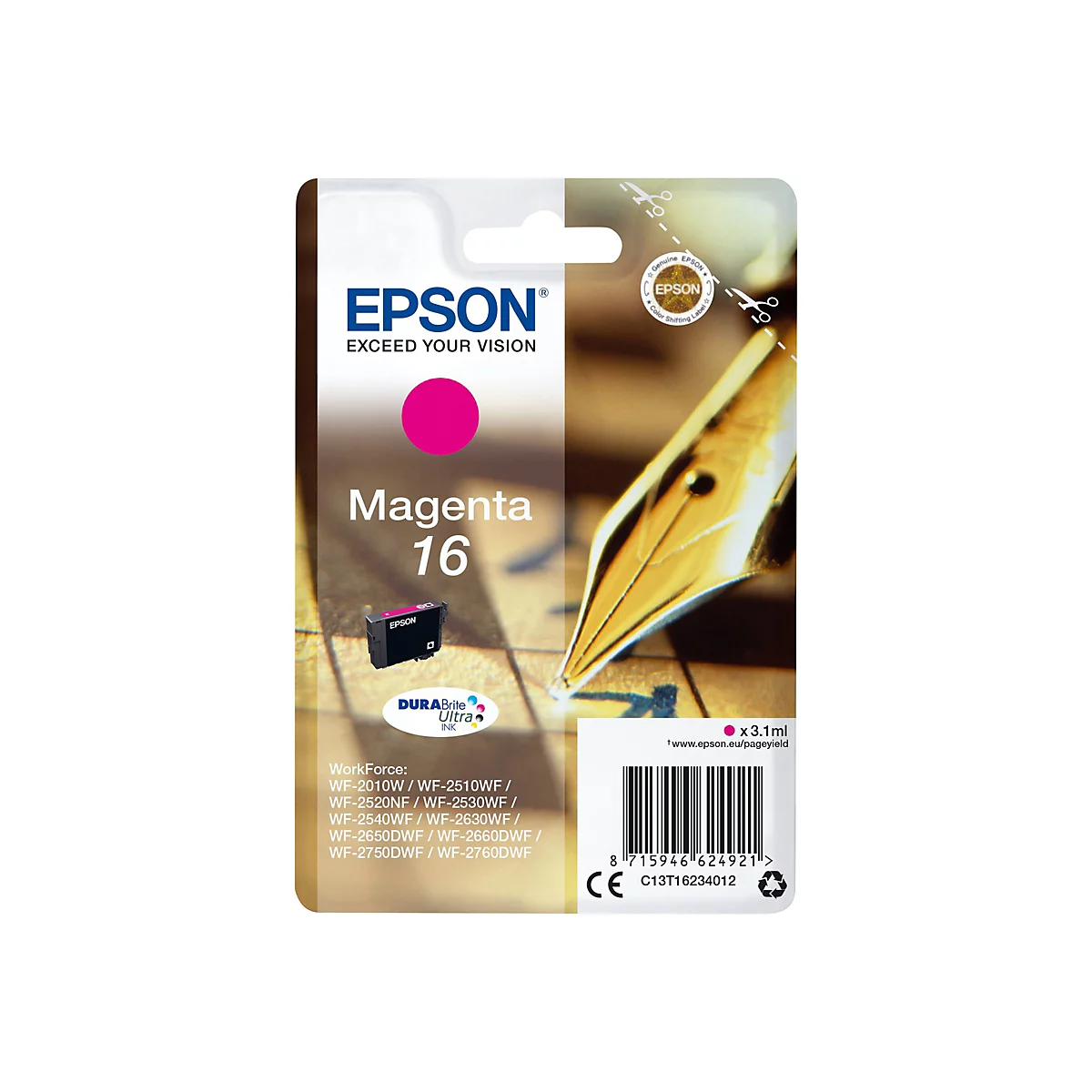 Verpackung einer Epson Magenta 16 Tintenpatrone. Auf weißem Hintergrund sind ein Stift und ein farbiger Fleck zu sehen, sowie der Schriftzug "Magenta 16".