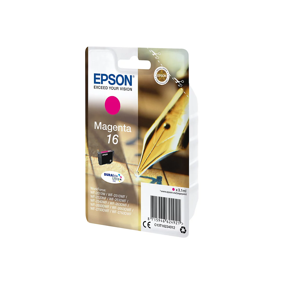 Verpackung einer Epson Magenta 16 Tintenpatrone. Die Packung hat ein transparentes Fenster und zeigt eine Tintenpatrone, sowie Informationen zur Kompatibilität.