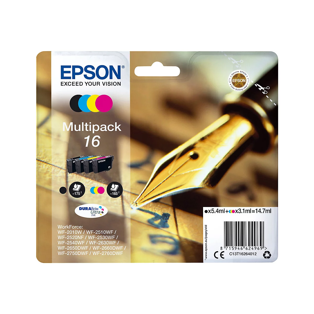 Epson Multipack 16 Tintenpatronen. Auf der Verpackung befindet sich ein Füllfederhalter und ein Barcode.