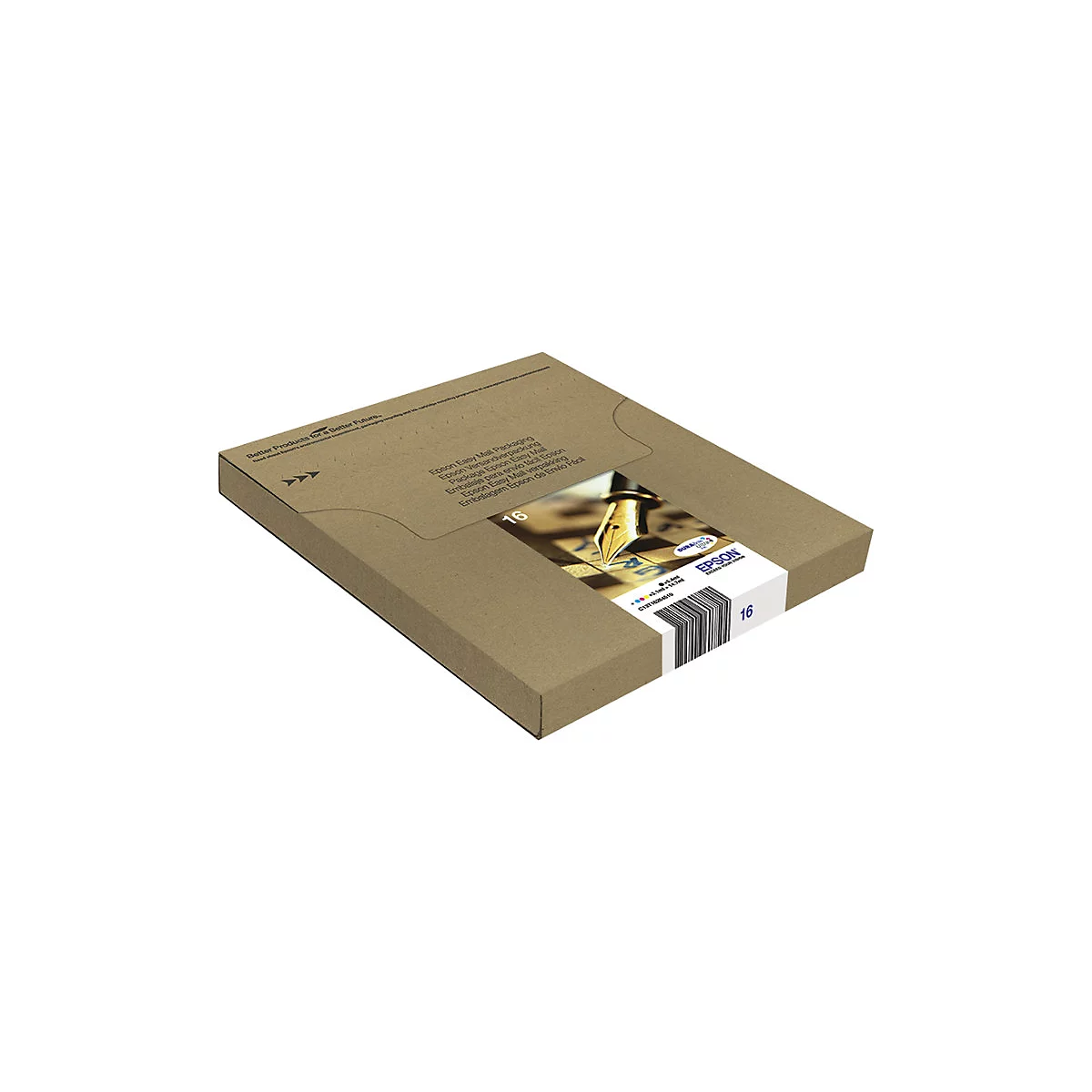 Brauner Karton mit Epson-Logo und Tintenpatronen-Abbildung.