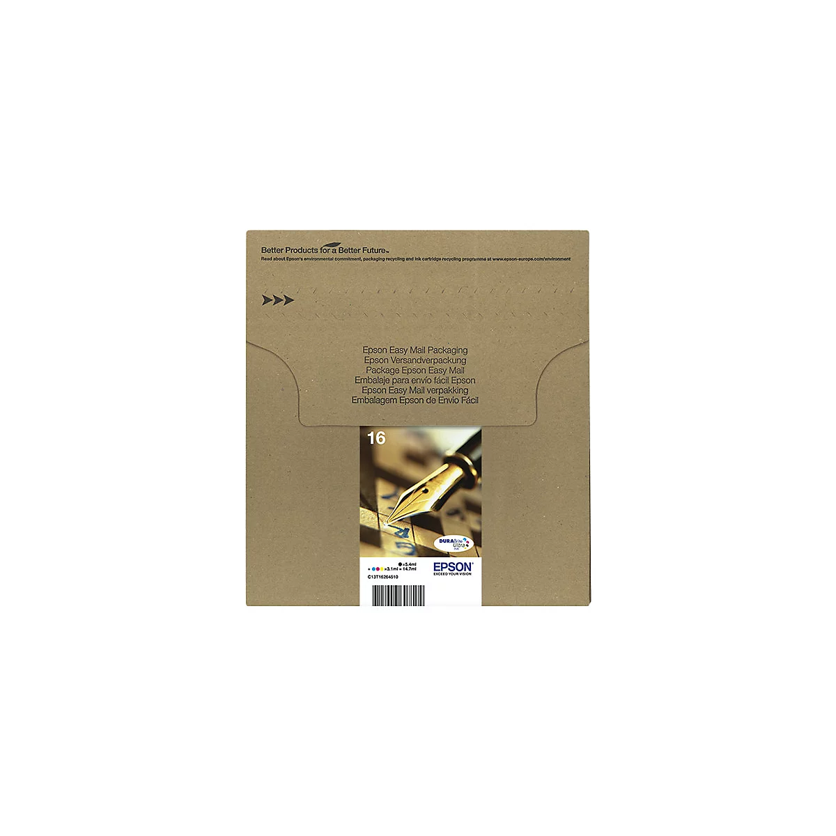 Brauner Karton mit Epson-Schriftzug. Aufschrift: Epson Easy Mail Packaging. Ein Füllfederhalter ist im Karton abgebildet.