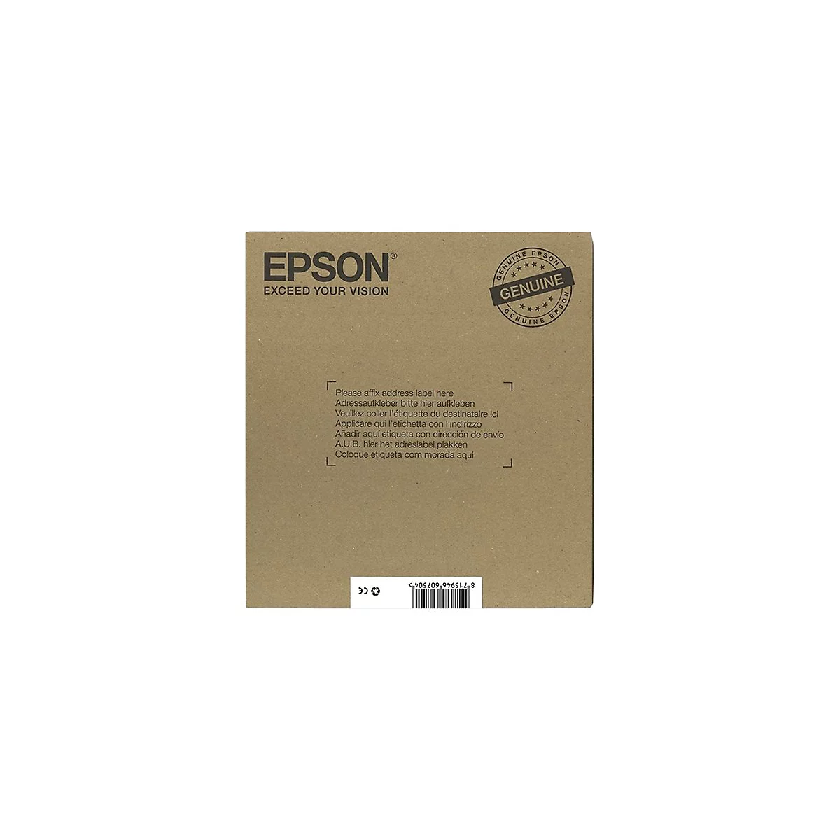 Brauner Karton mit Epson-Logo und Text, darunter der Aufdruck „Bitte Adressaufkleber hier anbringen“. Ein Stempel mit „Genuine Epson“ ist sichtbar.