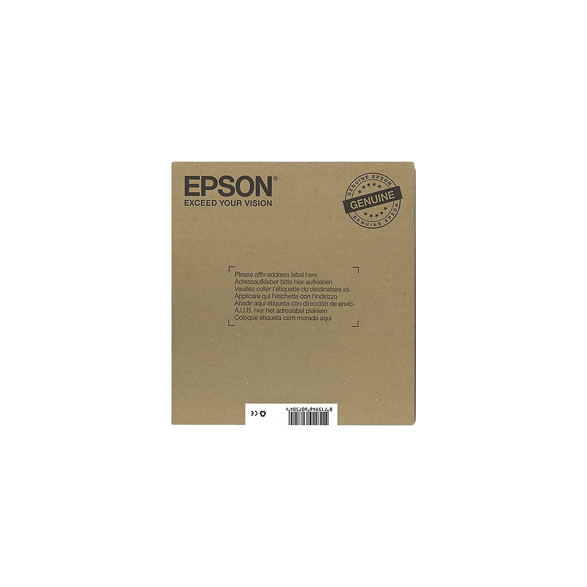 Brauner Karton mit Epson Logo und Text. Hinweis zum Anbringen eines Adressaufklebers. Aufkleber "Genuine Epson".