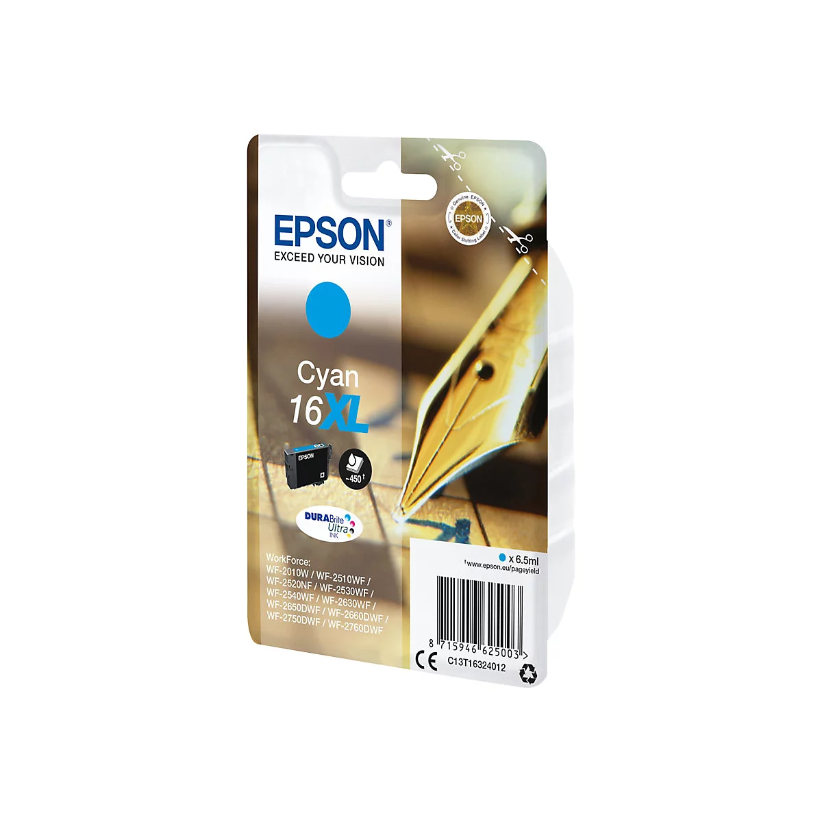 Blisterpack mit Epson Cyan Tinte, 16 XL, 6,5ml. Das blaue Pack zeigt ein Tintenpatronen-Symbol und eine Feder.