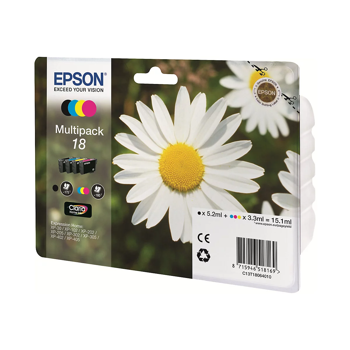 Epson Tintenpatronen-Multipack, Verpackung mit Gänseblümchen-Hintergrund, gelbem Blütenstand und weißen Blütenblättern.