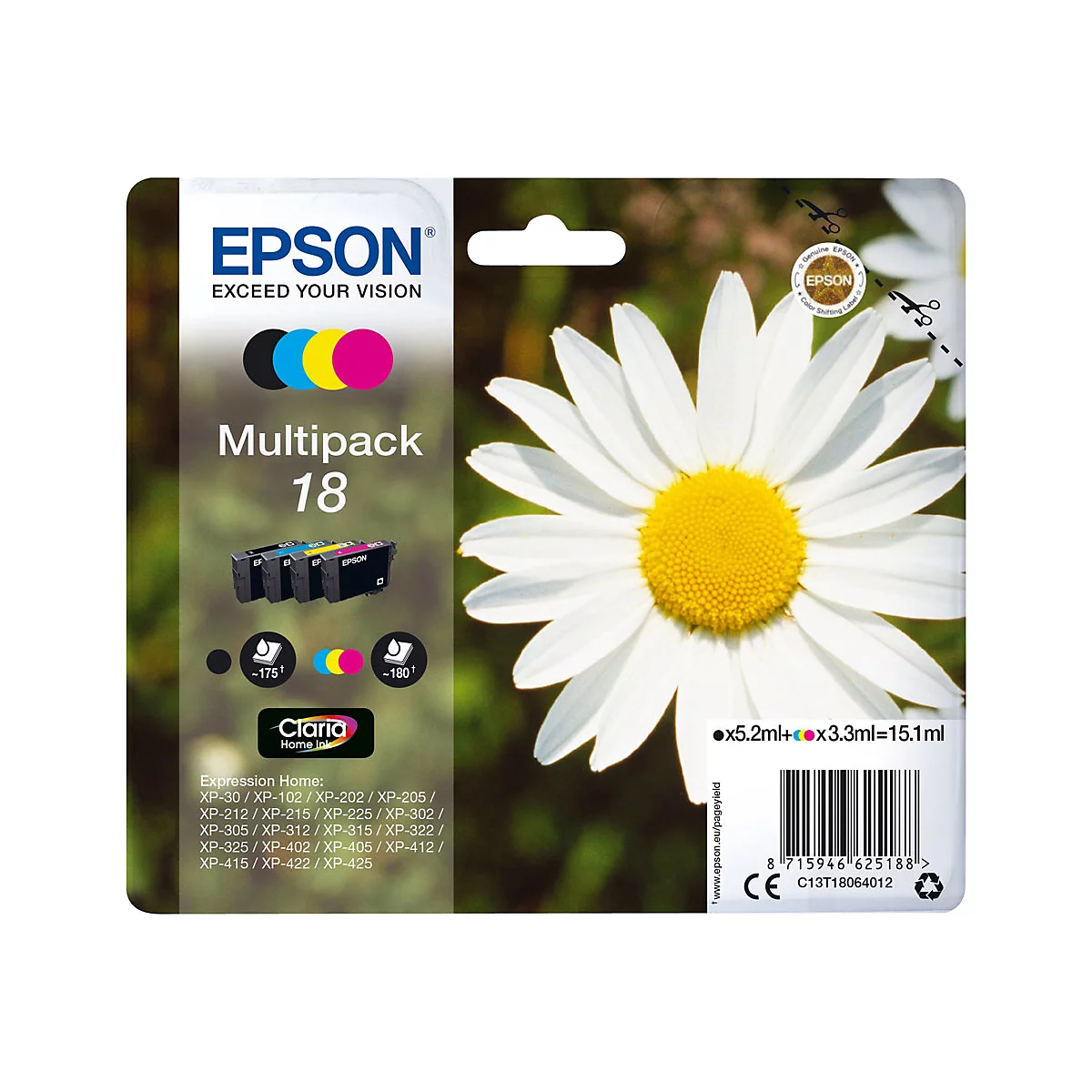 Epson Tintenpatronen-Multipack mit Gänseblümchen-Hintergrund. Text: Multipack 18, Claria Home Ink, Epson Logo.