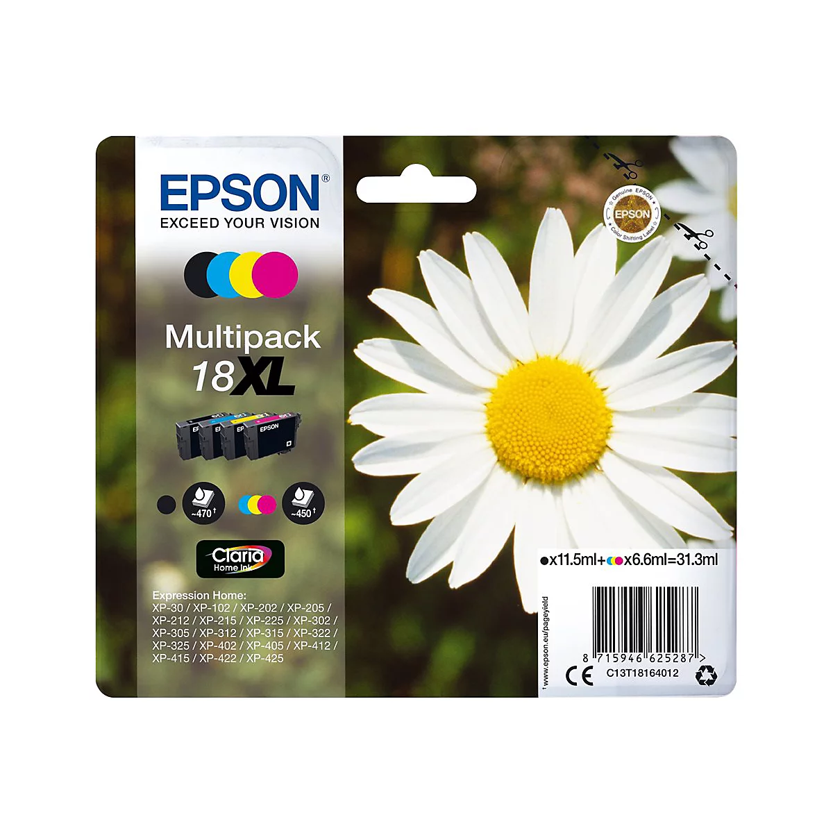 Epson-Tintenpatronen-Multipack. Aufdruck mit Text und stilisierten Farben. Im Hintergrund eine weiße Gänseblume mit gelber Mitte.