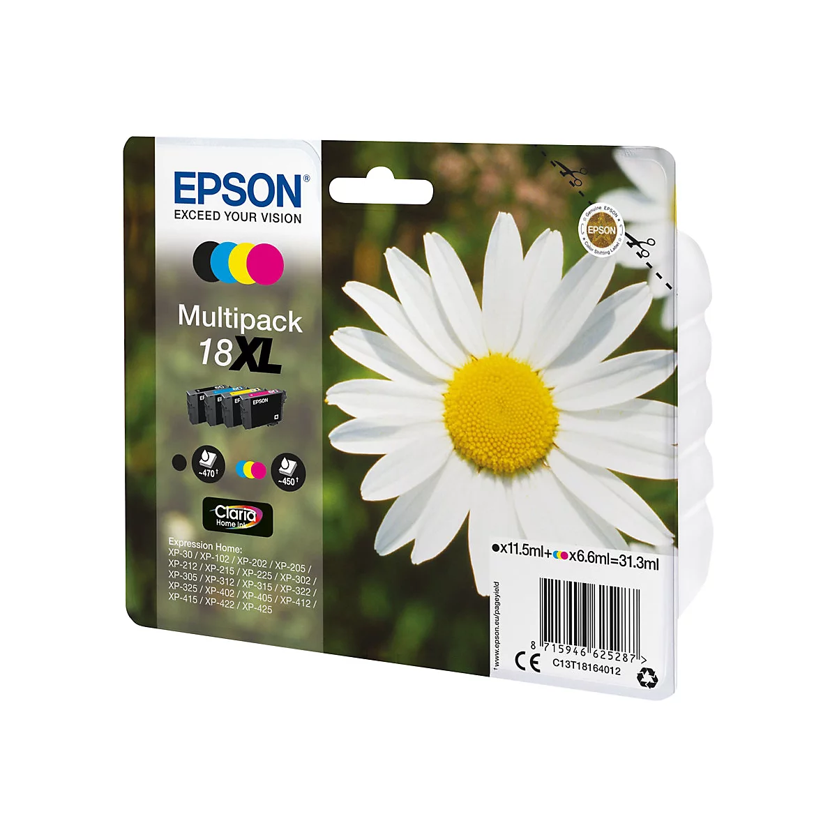 Tintenpatronen-Multipack mit Gänseblümchen-Hintergrund, EPSON Logo und Produktinformationen.