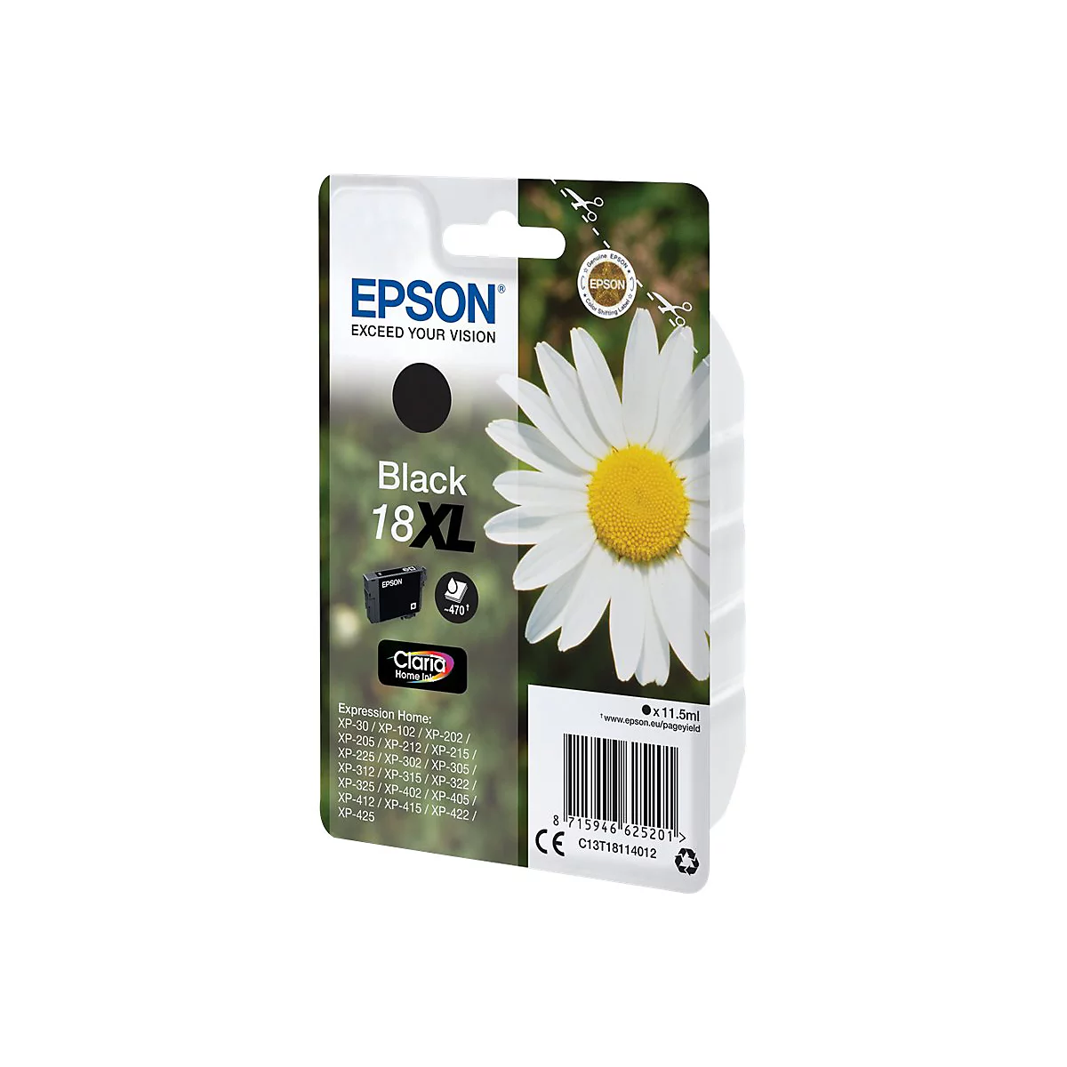 Eine schwarze Epson Tintenpatrone mit der Aufschrift 'Black 18XL', daneben eine GÃ¤nseblume.