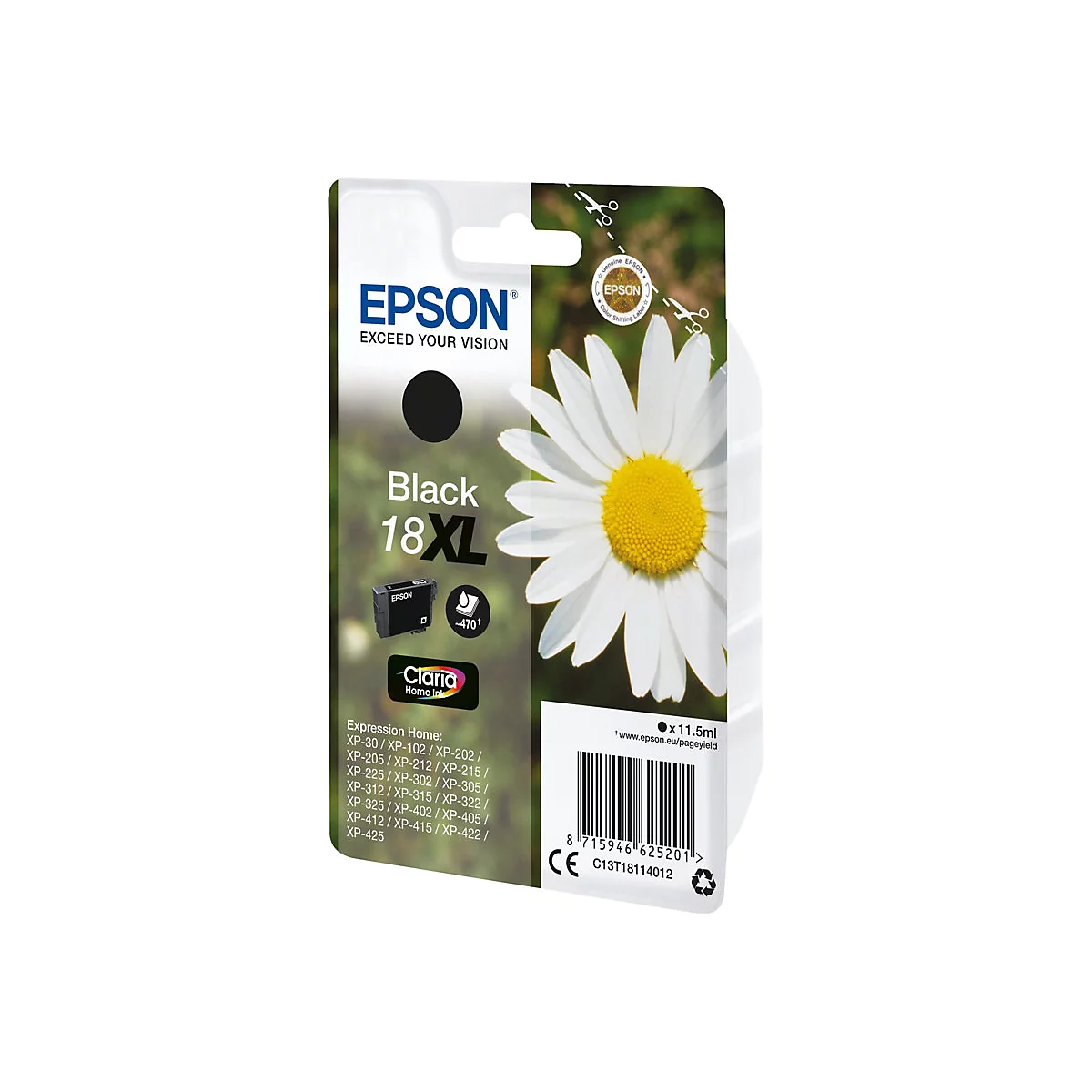 Schwarze Druckerpatrone, Epson, 18XL, mit einer GÃ¤nseblume und Barcode.