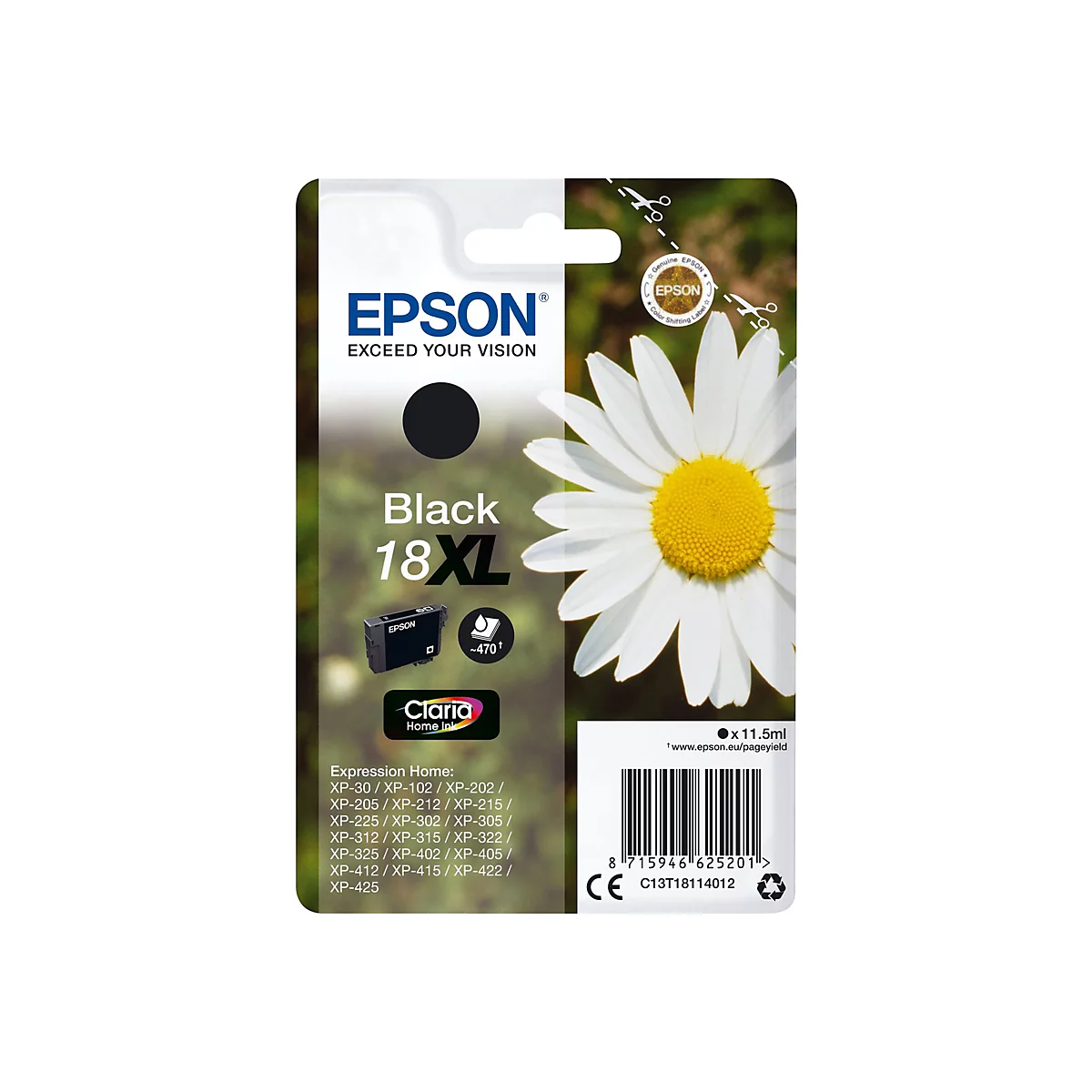 Schwarze Epson Druckerpatrone mit GÃ¤nseblÃ¼mchen-Hintergrund, Schriftzug Black 18XL.