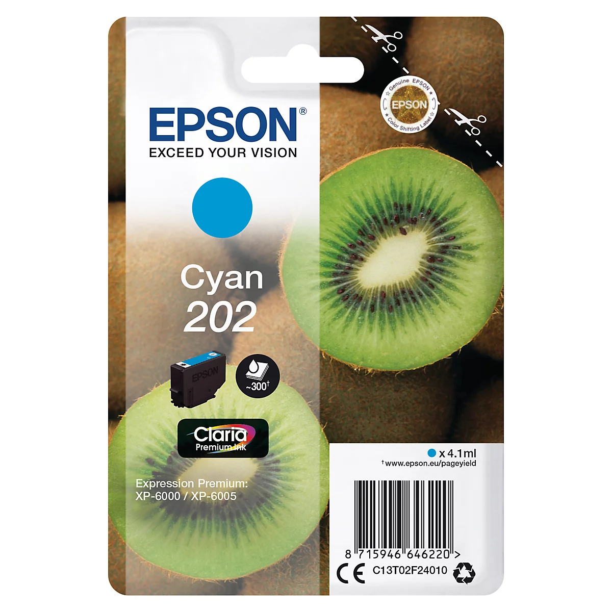 Epson Tintenpatrone Cyan 202, mit Kiwi-Hintergrund. Enthält Produkt- und Markenlogos sowie Text.