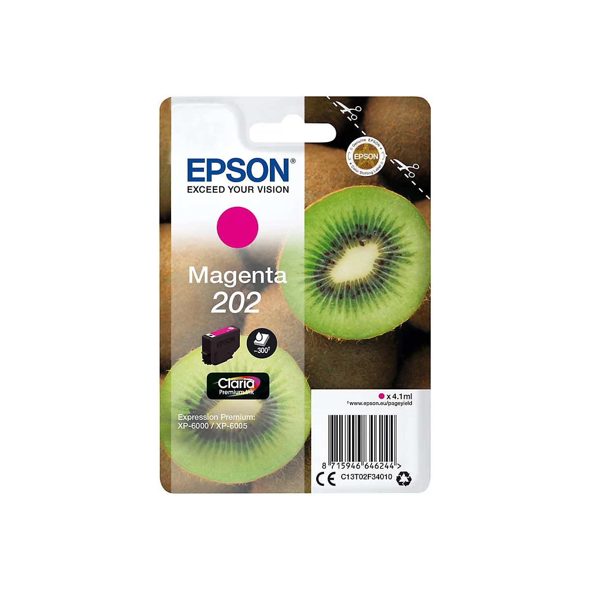 Epson Tintenpatrone, Magenta 202, mit Kiwi-Hintergrund, 4,1ml. Produktbezeichnung und Logos.