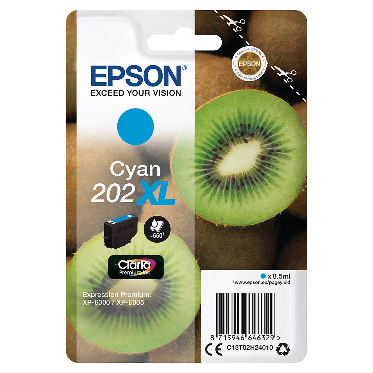 Epson Cyan 202 XL Tintenpatrone, abgebildet auf einer Kiwi-Frucht. Text: 'Expression Premium: XP-6000 / XP-6005'.