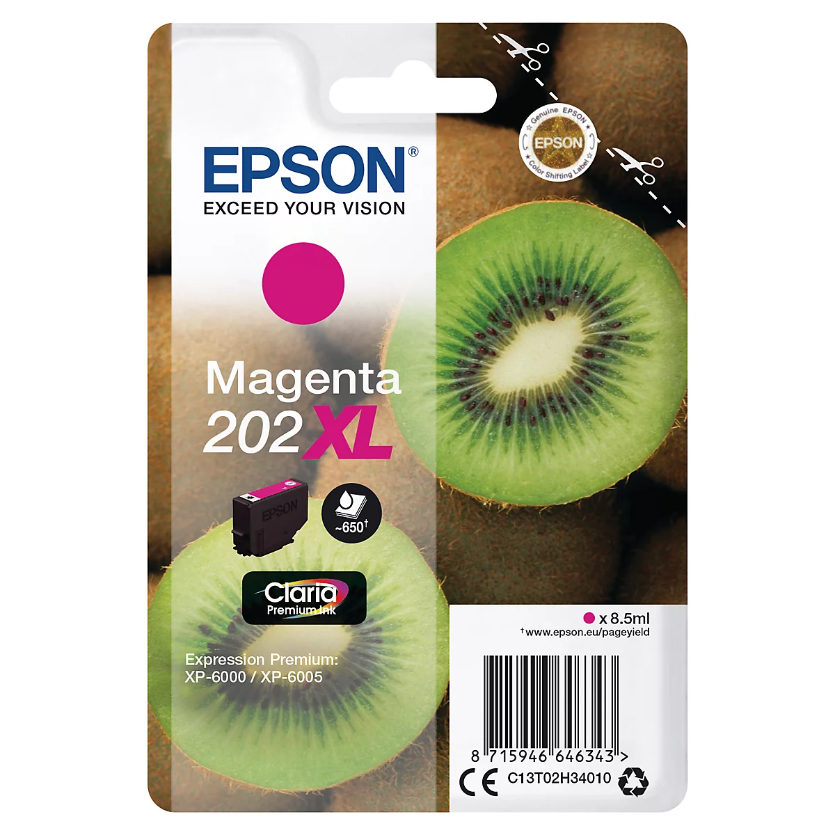 Epson Magenta Tintenpatrone, XL, vor einem Hintergrund mit Kiwi-Frucht. Aufdrucke: Epson, Claria Premium Ink, Expression Premium.