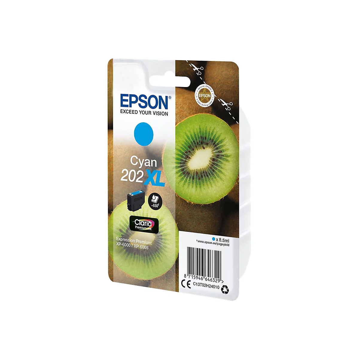 Cartouche d'encre Epson Cyan 202 XL, avec illustration de kiwi. Impressions : Cyan, 202 XL.