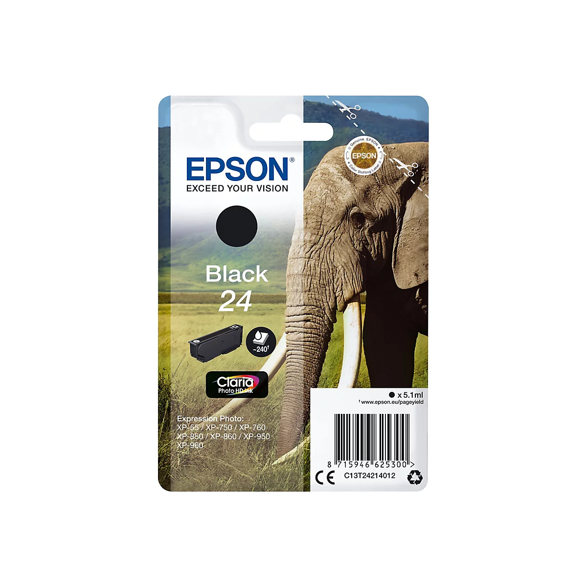 Epson Black 24 Tintenpatrone. Auf der Verpackung ein Elefantenkopf und das Epson Logo. Texte: Black 24, Claria Photo HD Ink und weitere Produktinformationen.