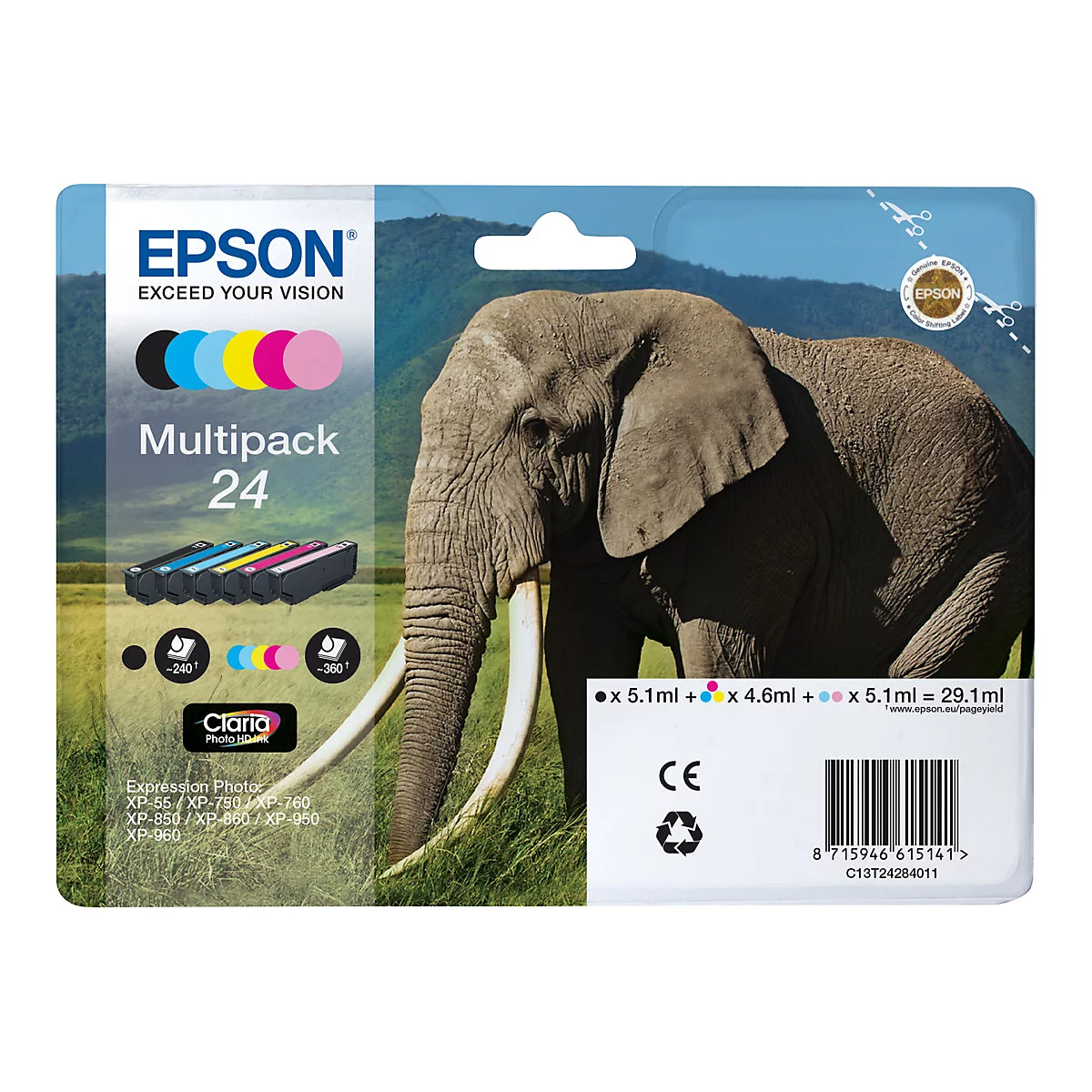 Epson 24 Multipack - 6er-Pack - Schwarz, Gelb, Cyan, Magenta, hellmagentafarben, hell Cyan - original - Tintenpatrone (Alternative zu: Epson 24XL)