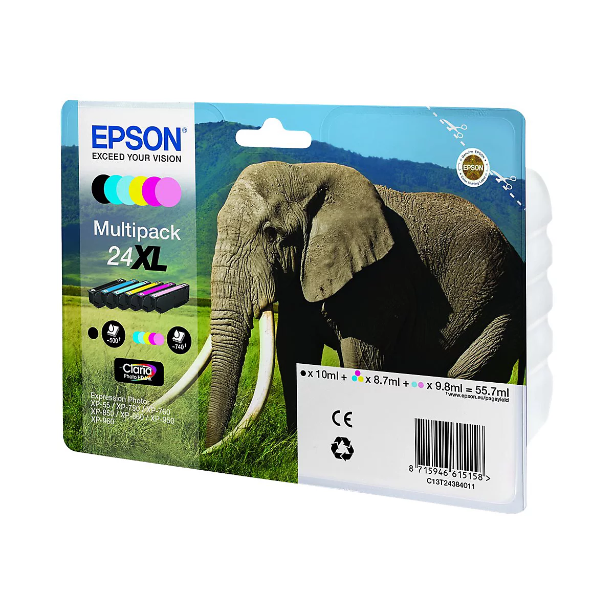 Epson Tintenpatronen-Multipack mit einem Elefanten im Hintergrund. Die Packung enthält Patronen in Cyan, Magenta, Gelb und Schwarz.