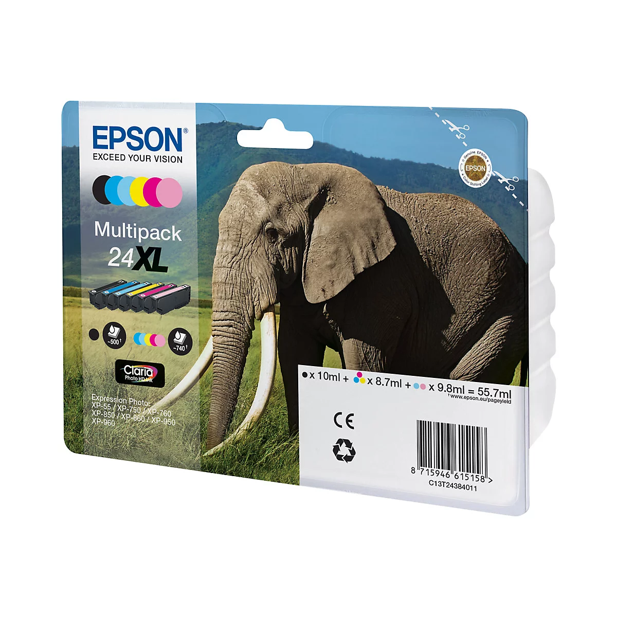 Epson Tintenpatronen-Multipack, zeigt einen Elefanten. Die Verpackung enthält verschiedene Farben.
