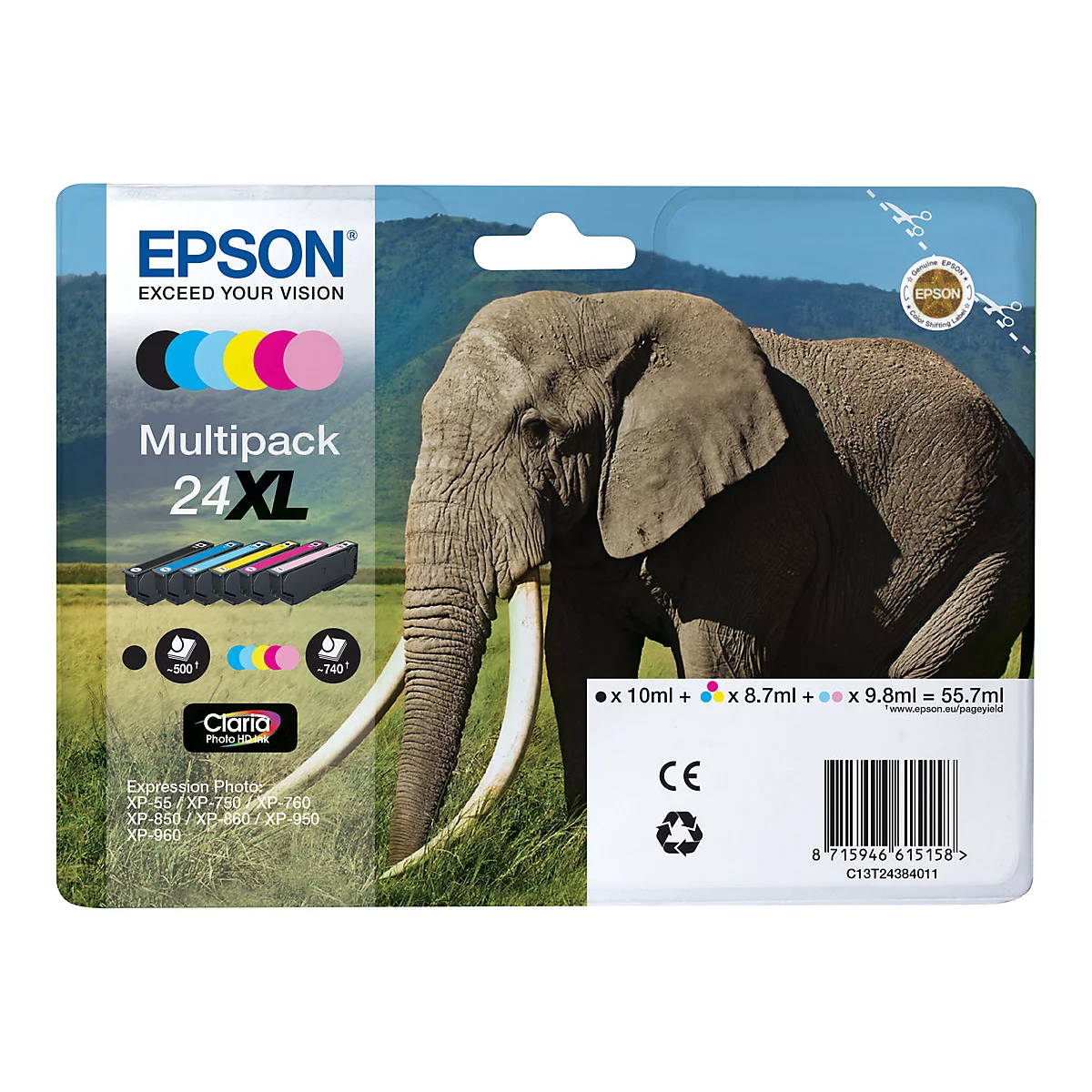 Emballage de cartouches d'encre Epson devant une image d'un éléphant.