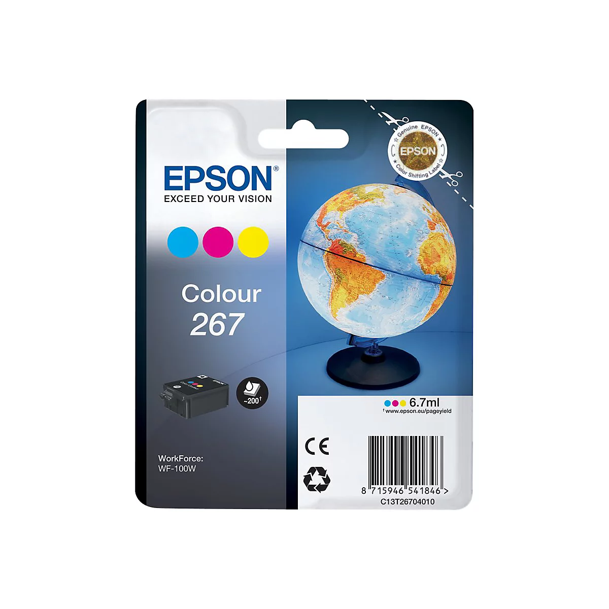 Epson-Tintenpatrone 267, in einer Blisterverpackung. Aufdruck: Logo, Farben, Globus, technische Daten.
