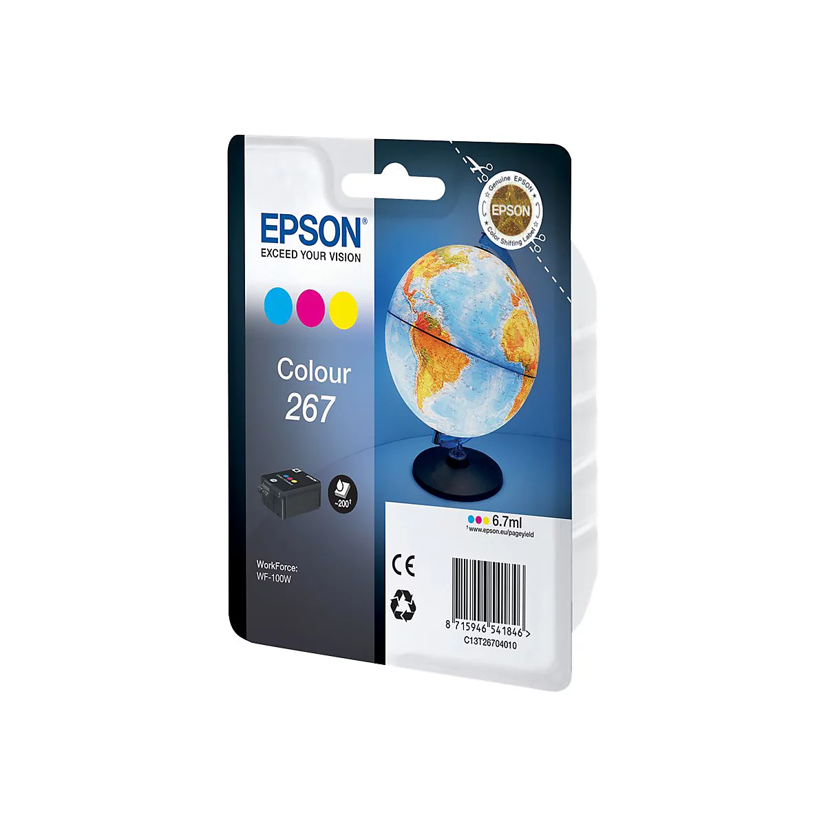 Tintenpatrone, Epson, Color 267, mit Globus und Farbsymbolen.
