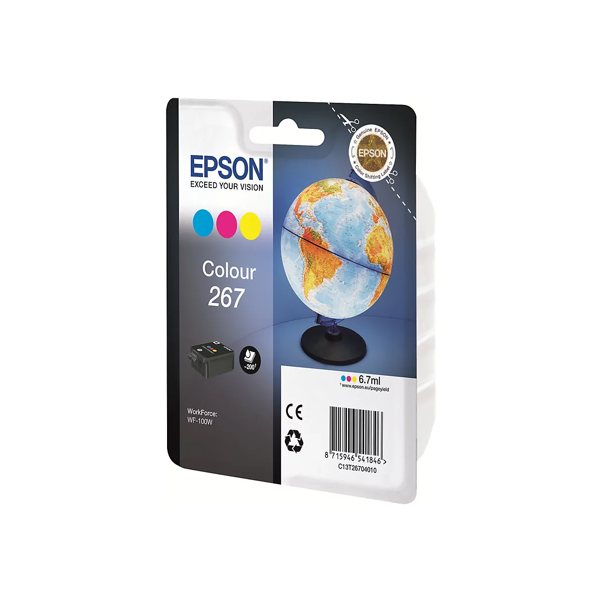 Cartouche d'encre Epson Colour 267, avec un motif de globe terrestre, sur fond blanc.