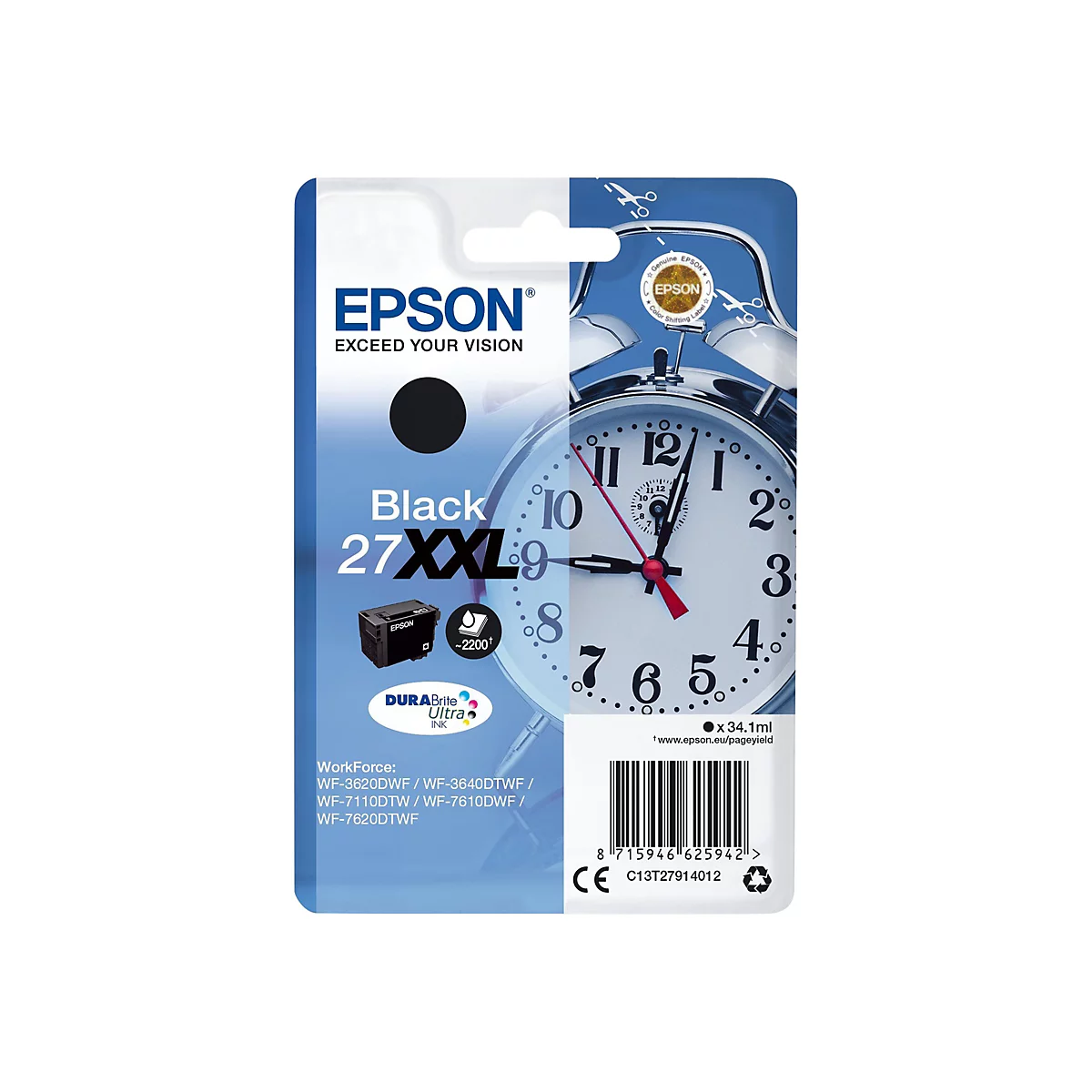 Cartouche d'encre noire d'Epson, 27 XXL, avec un design de cadran d'horloge sur l'emballage.