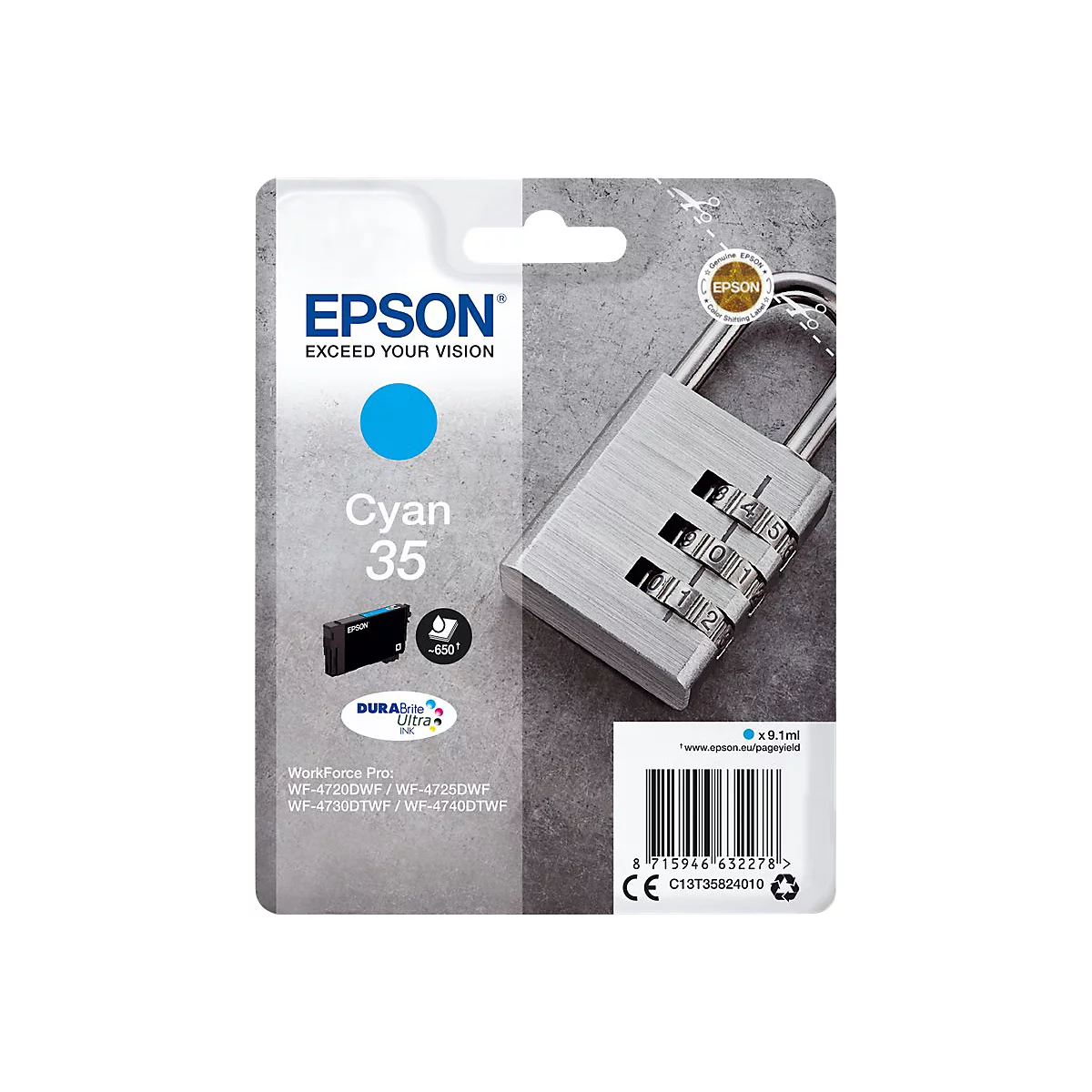 Epson Cyan Tintenpatrone 35, daneben ein silbernes Zahlenschloss.