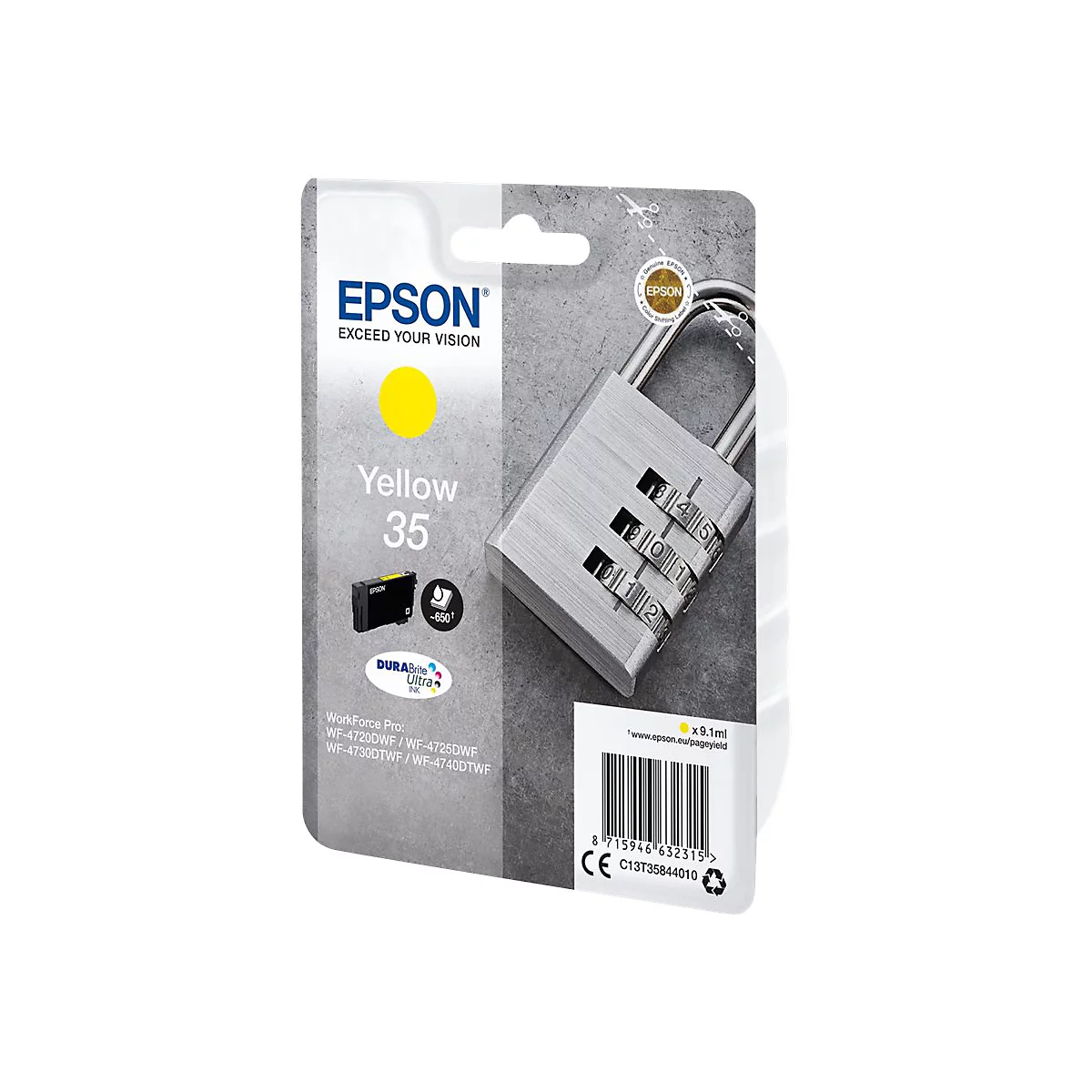 Gelbe Epson-Tintenpatrone, daneben ein silbernes VorhÃ¤ngeschloss.