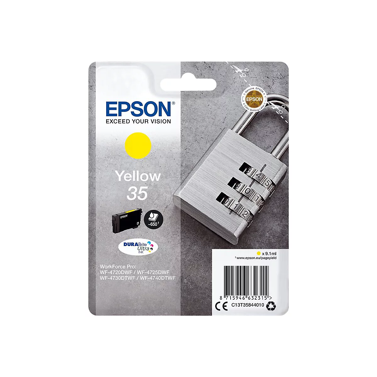 Gelbe Epson Tintenpatrone, Packung neben silbernem Zahlenschloss. Aufdruck: Yellow 35.