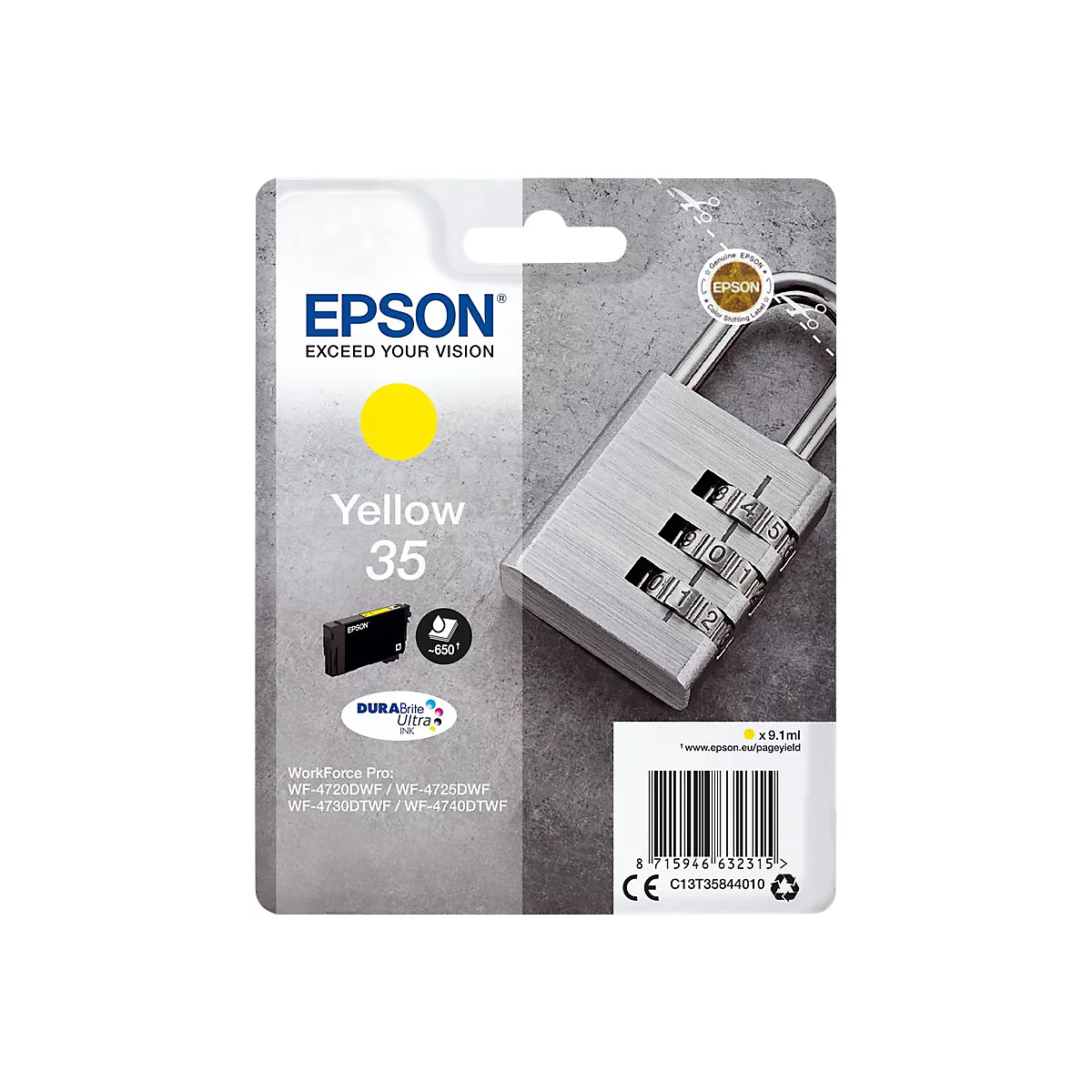 Epson-Tintenpatrone Gelb 35 mit grauem Hintergrund. Aufdruck 'Epson', gelbes Logo und gelbes Feld.