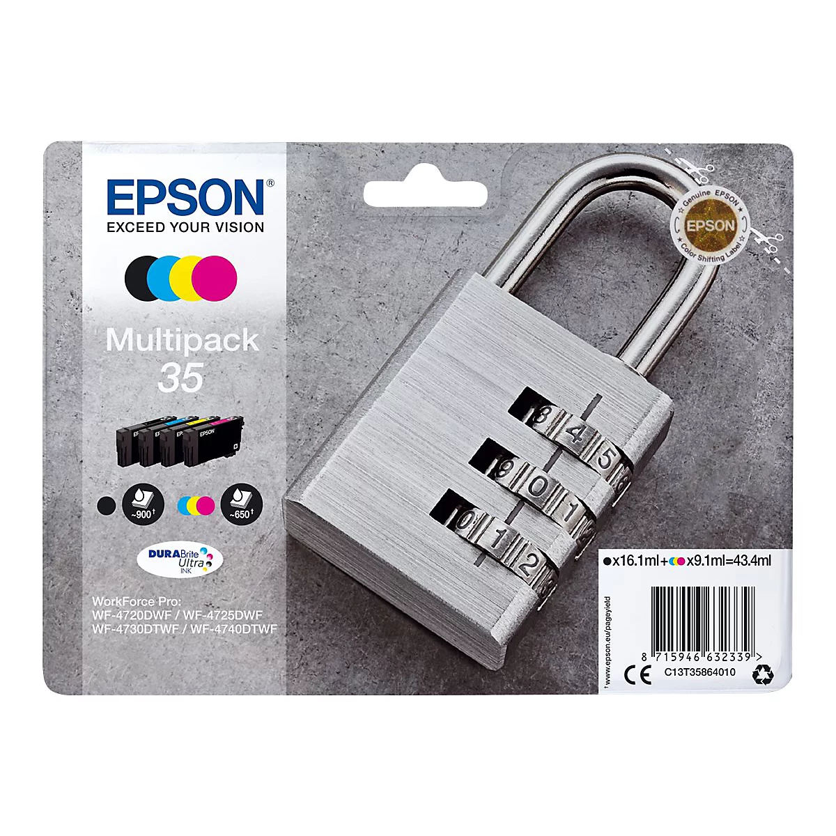 Auf grauem Hintergrund befindet sich eine Verpackung mit Druckerpatronen und ein Zahlenschloss. Auf der Verpackung steht Epson, Multipack 35 und die Farben der Tinten.