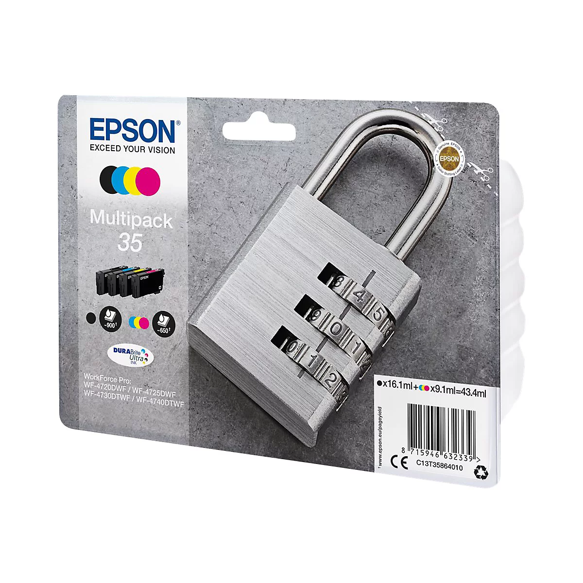Cadenas Ã  combinaison sur un emballage de cartouche d'imprimante. La combinaison de chiffres 10112 est rÃ©glÃ©e sur le cadenas.