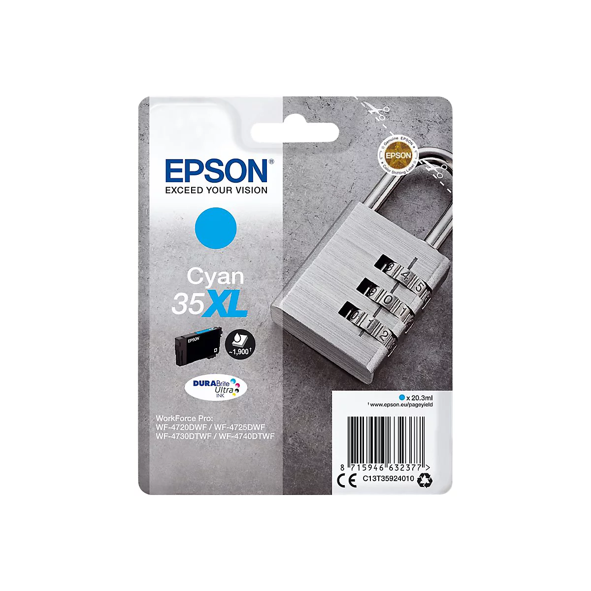Une cartouche d'encre cyan Epson. Ã€ cÃ´tÃ©, un cadenas Ã  combinaison.