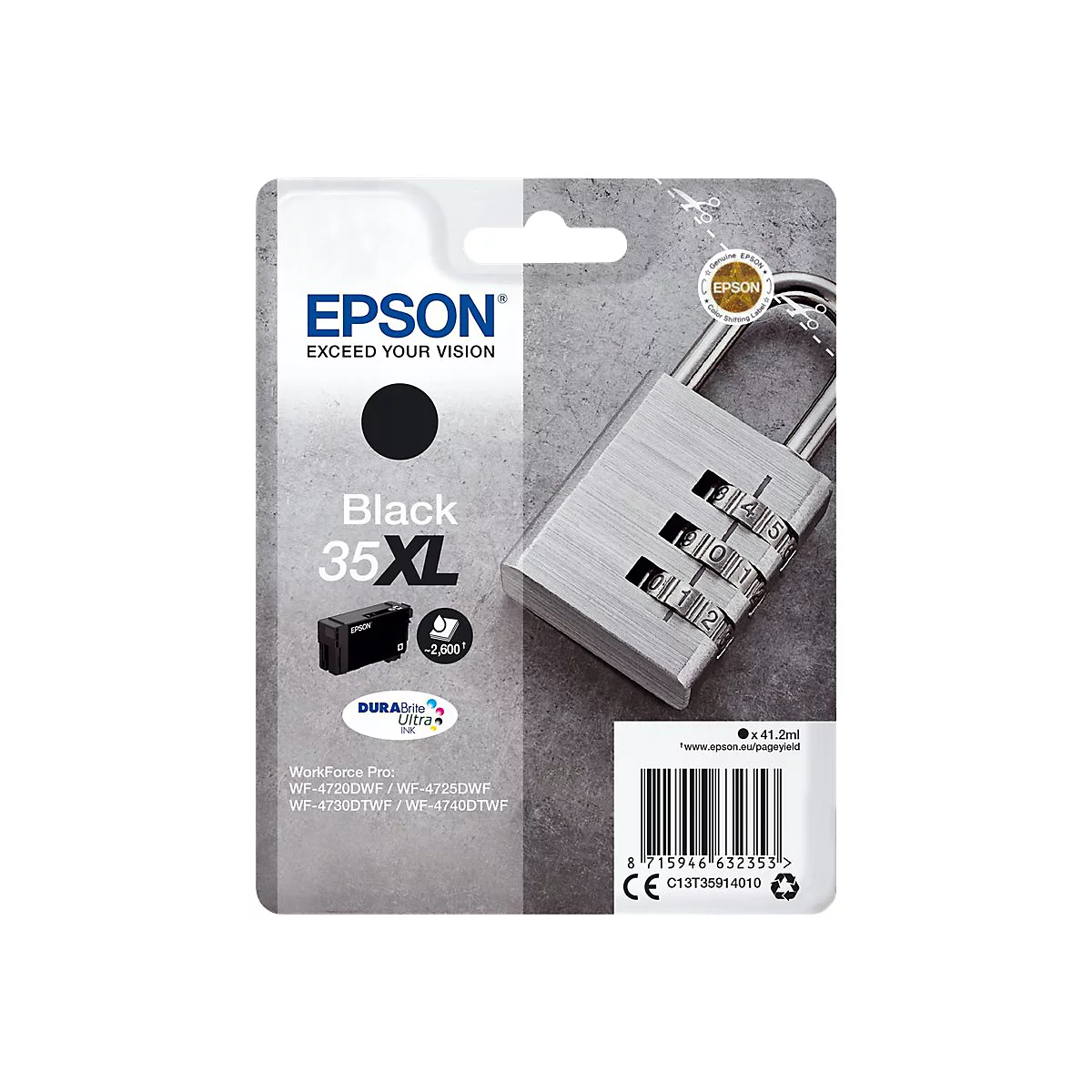 Epson-Tintenpatrone Black 35XL mit Schloss auf grauem Hintergrund. Aufschrift: Epson Exceed Your Vision.