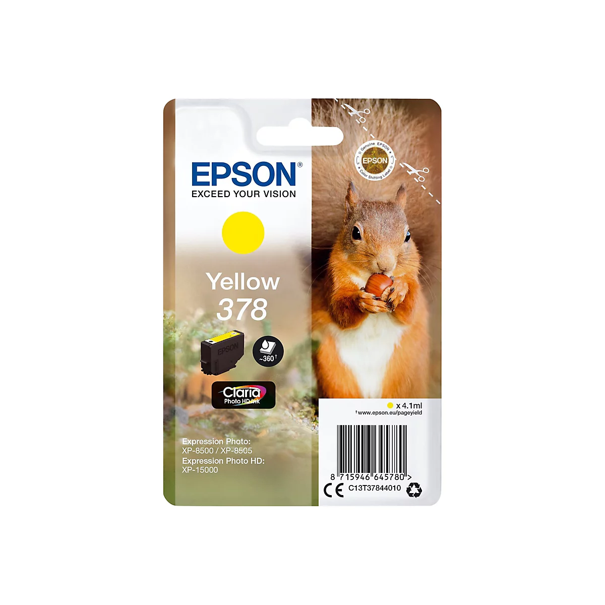 Epson-Tintenpatrone Gelb 378 mit einem Eichhörnchen, das eine Nuss hält. Die Packung hat das Epson-Logo und Produktdetails.