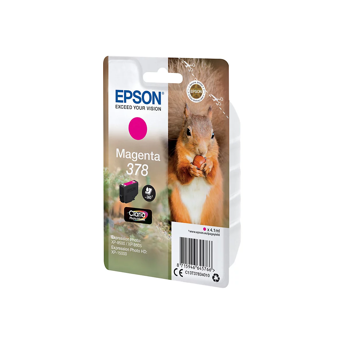 Packung einer Epson Tintenpatrone (Magenta 378), zeigt ein Eichhörnchen mit Nuss. Text: Epson, Exceed Your Vision, Claria Photo HD Ink.