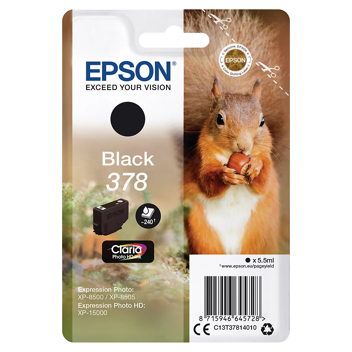 Epson Tintenpatrone, schwarz, mit Eichhörnchen, das eine Nuss hält.