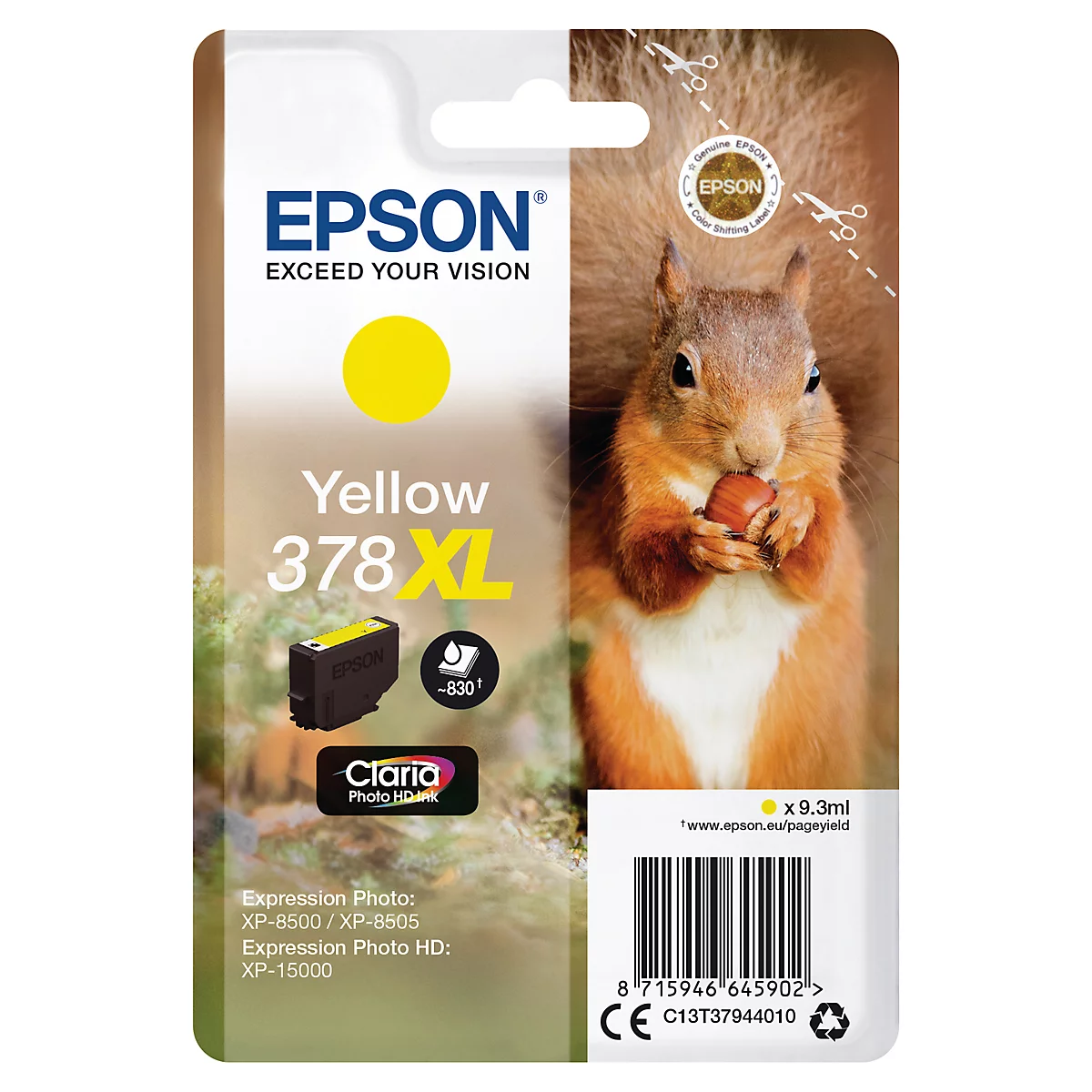 Epson Tintenpatrone, gelb, mit Eichhörnchen, das eine Nuss hält.
