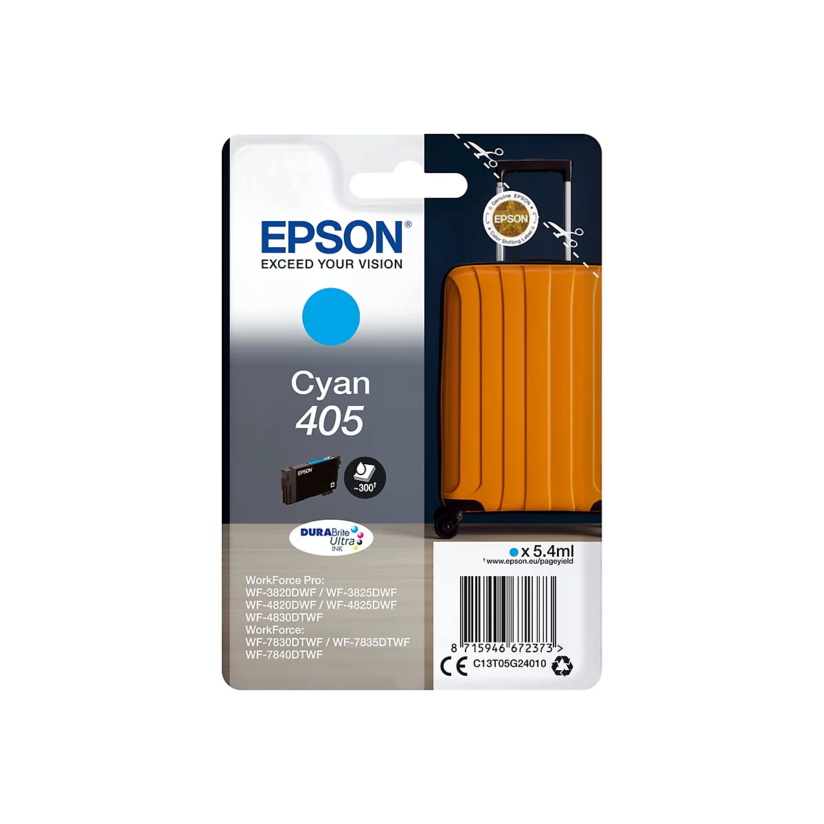 Produktverpackung mit Epson Tinte Cyan 405. Abgebildet ist ein Tintenpatrone, ein oranger Koffer und eine blaue Fläche.