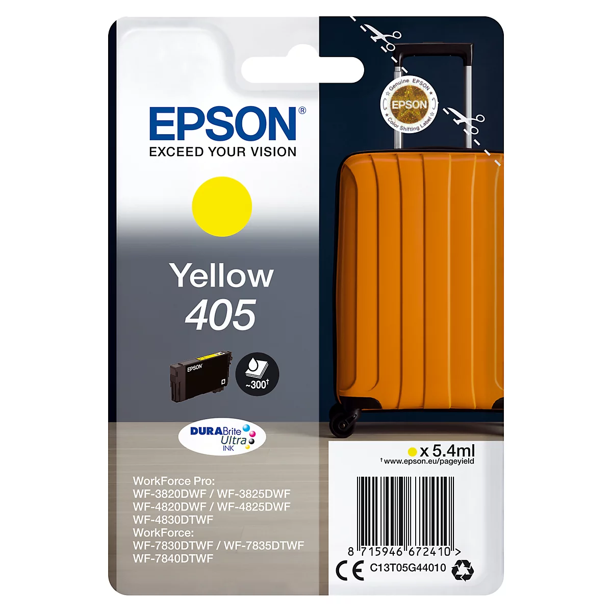 Epson-Tintenpatrone, gelb, auf Produktverpackung. Neben einer gelben Abbildung ein Koffer.