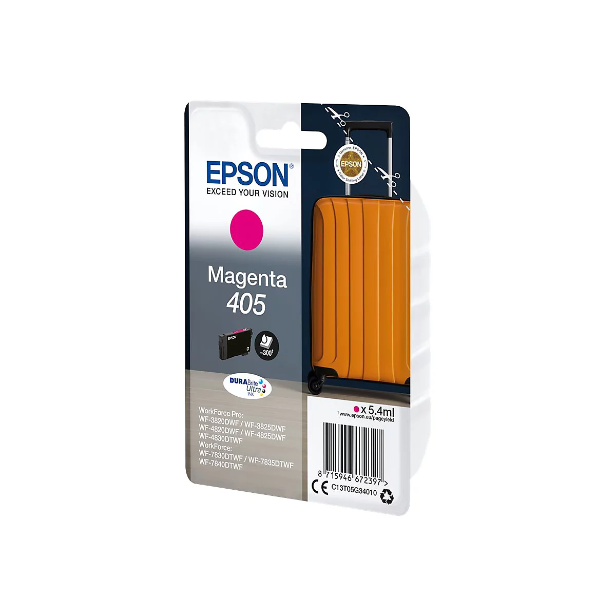 Packung einer Epson Tintenpatrone, Magenta 405, mit Koffer-Grafik.