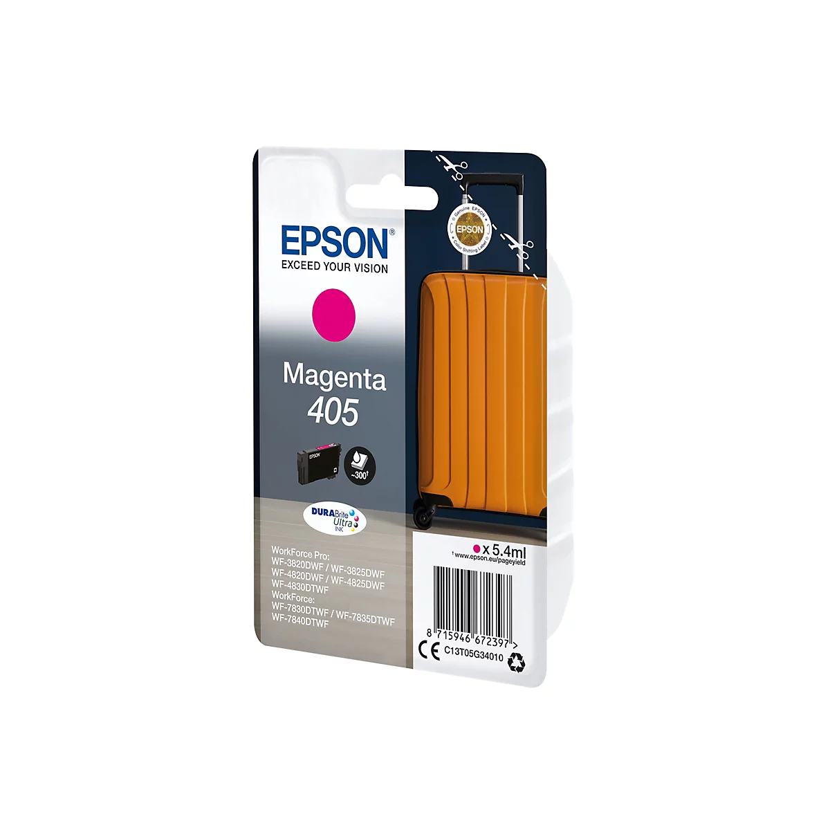 Packung einer Epson Tintenpatrone in Magenta. Auf der Verpackung steht „Magenta 405“ und eine Abbildung der Tintenpatrone.