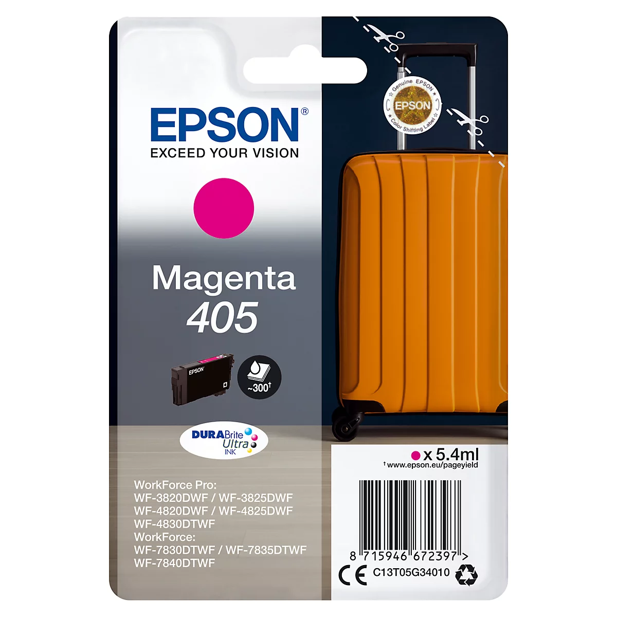 Eine Epson-Tintenpatrone mit „Magenta 405“ und einem Koffer auf blauem Hintergrund.